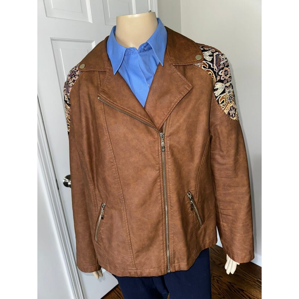 Chico's Faux Leather Moto Jacket Brown Tapestry Embroidery Size‎ 3 XL